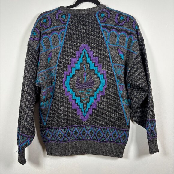 Vintage Abstract Knit Sweater Purple Blue Graphic 90s Grunge Cozy Retro Grandpa - Picture 4 of 6